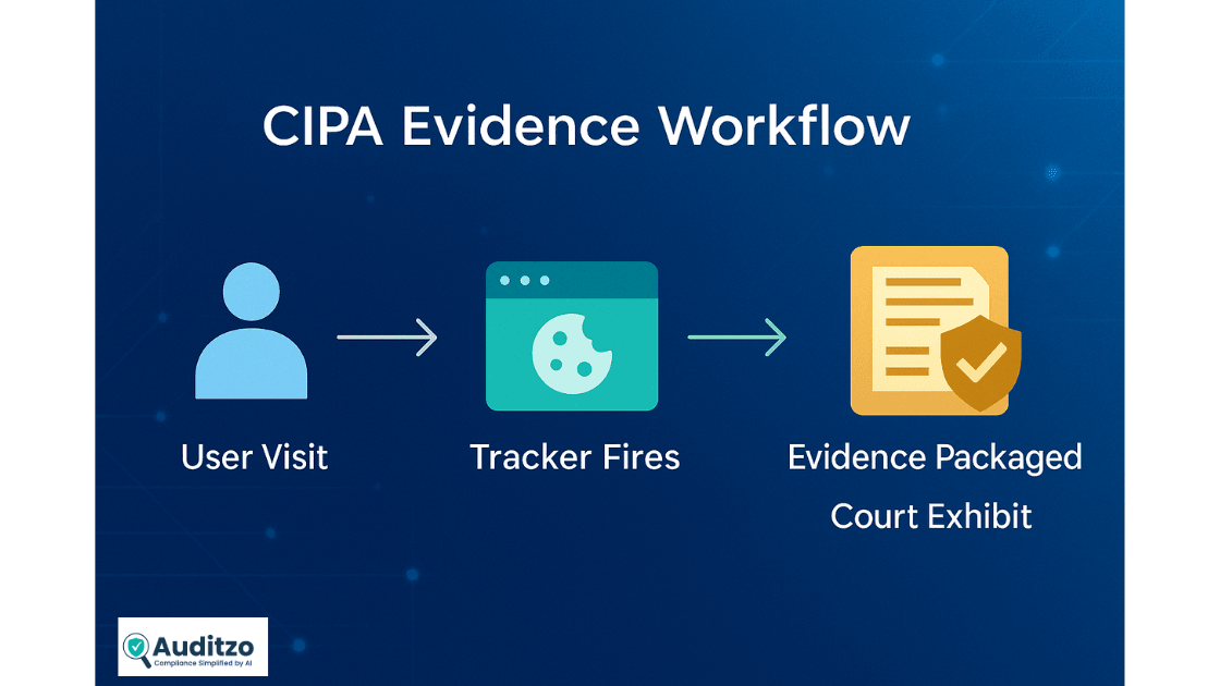 Workflow diagram showing CIPA evidence lifecycle: user visit → tracker fires → Auditzo captures data → evidence packaged as court exhibit.