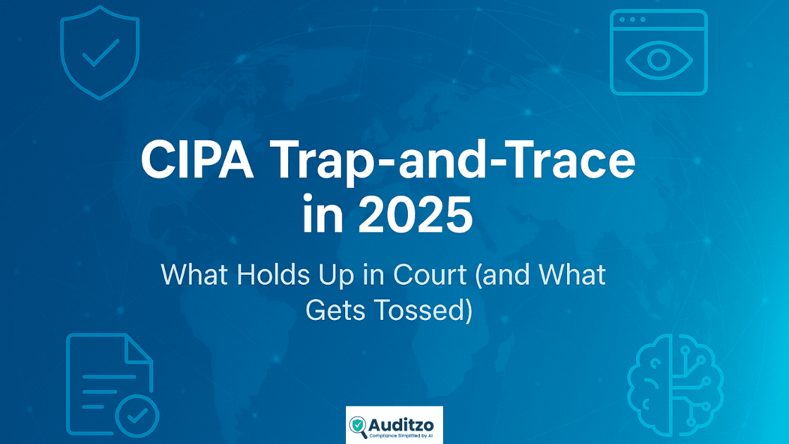 Hero banner for Auditzo blog on CIPA trap-and-trace 2025 showing shield, document checkmark, browser eye, and AI brain icons over a blue global audit background, symbolizing forensic evidence and compliance.