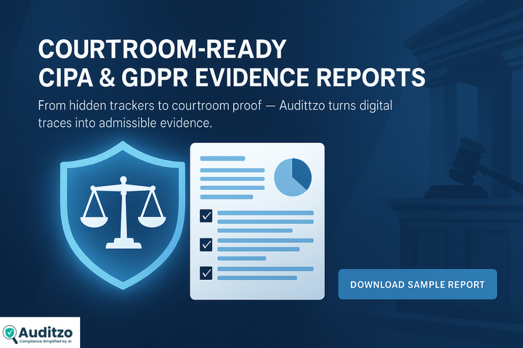Hero banner illustration of a compliance shield with legal scales overlayed on an audit report, symbolising courtroom-ready CIPA and GDPR evidence reports.