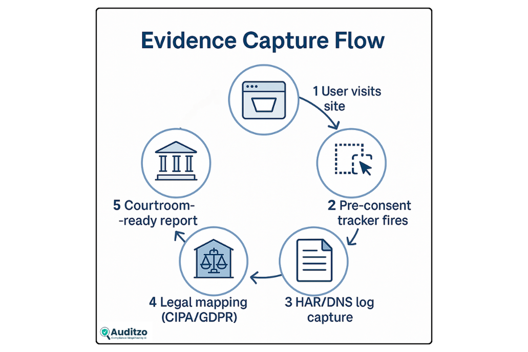 Linear left-to-right flow diagram of compliance evidence: user visit, tracker firing, HAR/DNS logs, legal mapping, courtroom report.
