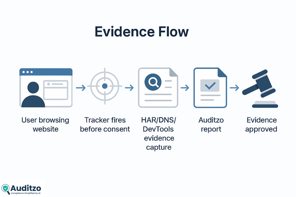 Infographic showing digital evidence flow: user visit, pre-consent tracker, HAR/DNS/DevTools capture, Auditzo report, courtroom proof.