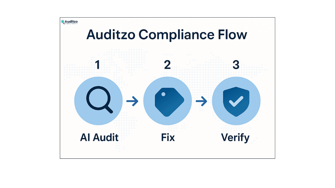 Three-step flow diagram showing Auditzo compliance process: audit, fix, and verify.