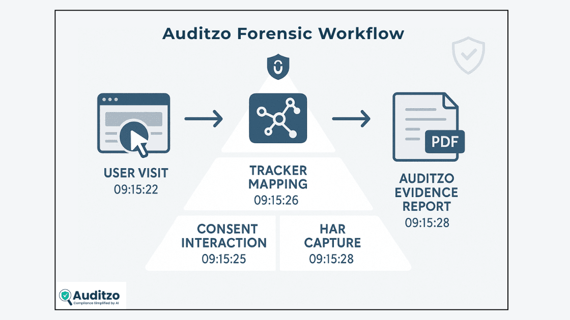 Auditzo forensic workflow for GDPR cookie audits showing user visit, consent interaction, HAR capture, and evidence report generation