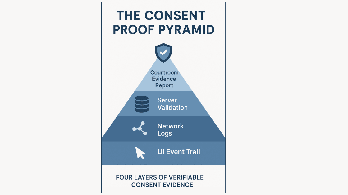 The Consent Proof Pyramid showing four layers of GDPR consent evidence — UI event trail, network logs, server validation, and courtroom report