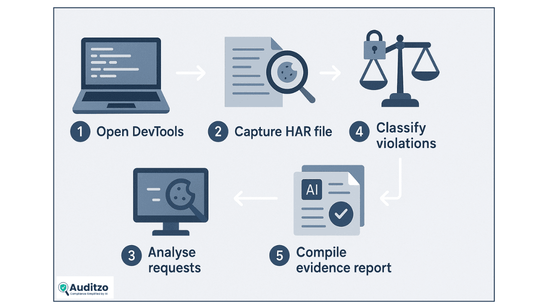 Visual process illustration of GDPR cookie audit workflow with five steps — detect, capture, analyse, classify, and report using AI-powered tools.