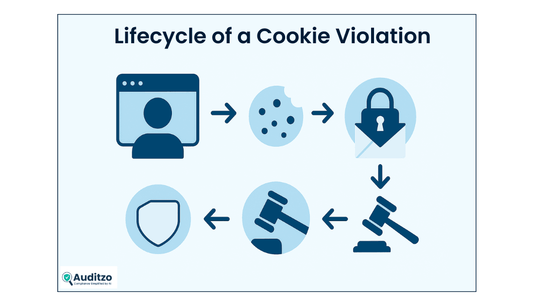Infographic showing the lifecycle of a GDPR cookie violation — from user visit to legal enforcement, designed for law firms and compliance officers.