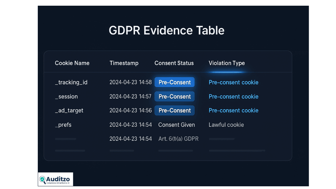Mock screenshot of GDPR evidence table showing cookie names, timestamps, consent status, and violation types within Auditzo legal dashboard.