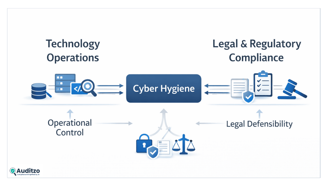 Concept diagram showing cyber hygiene as the operational link between technology and legal compliance