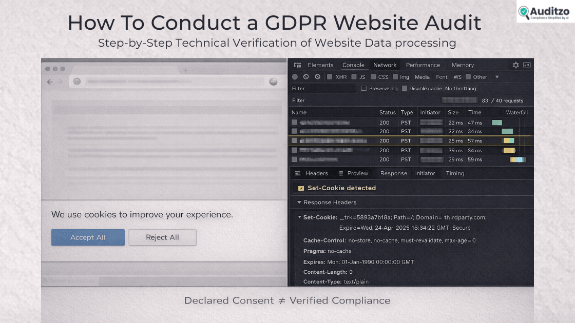 Split-screen view showing cookie consent banner on a website and browser Developer Tools Network tab detecting third-party requests before user interaction