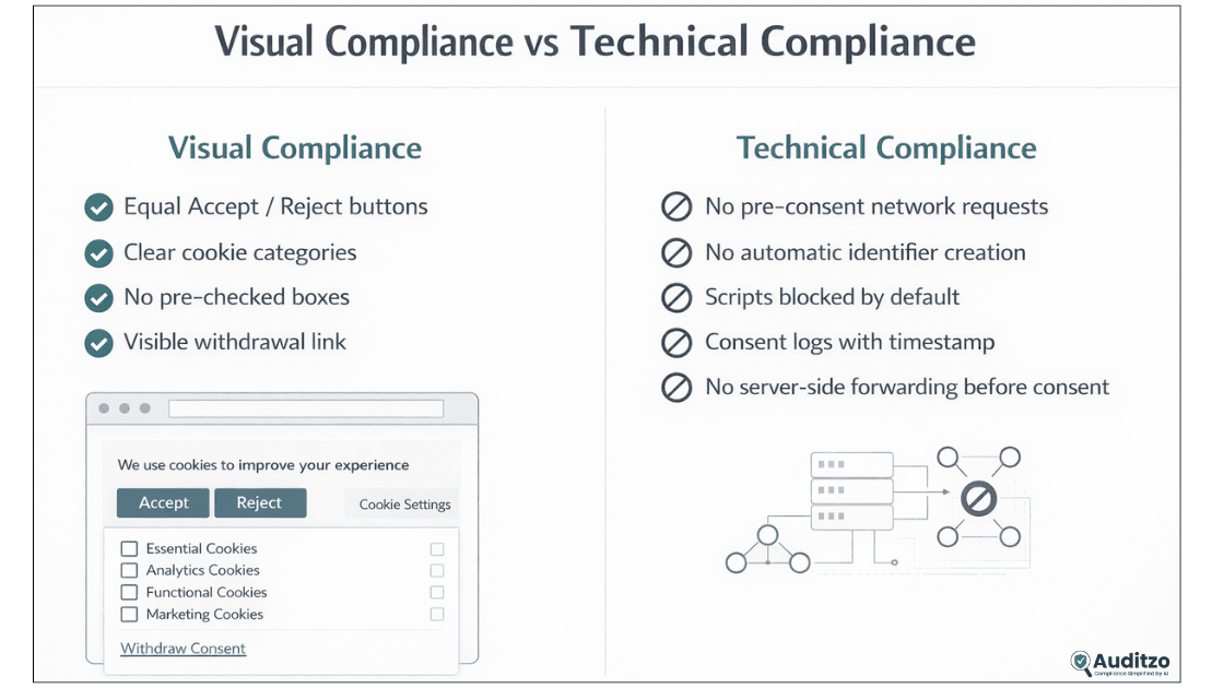 Comparison graphic illustrating visual cookie banner compliance versus technical GDPR compliance including script blocking and consent logging.