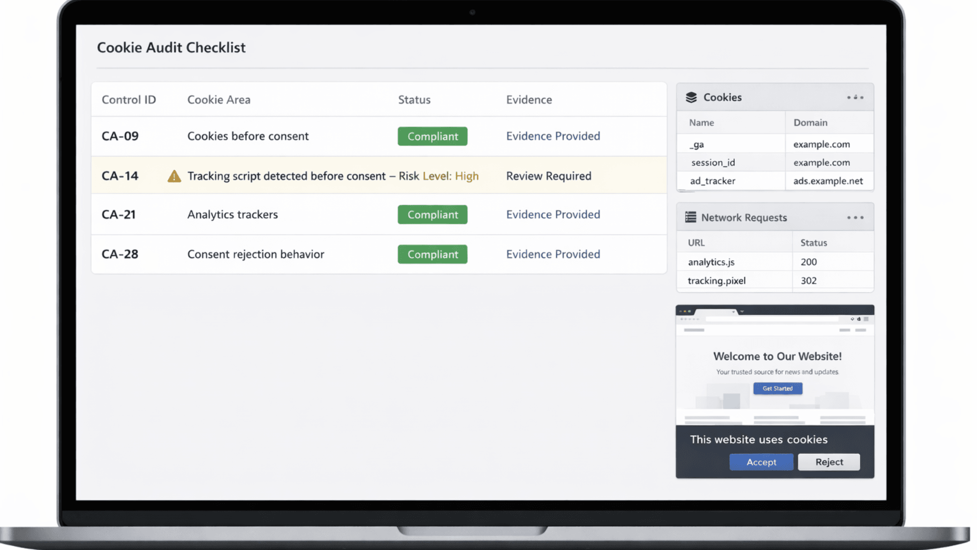 Cookie audit checklist preview showing cookie review controls, tracking scripts, consent checks, and third-party technology review items